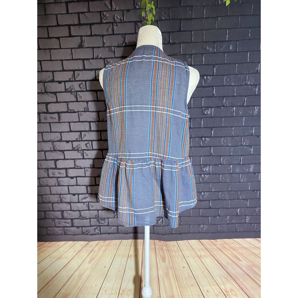 Lucky Brand Boho Relaxed Lace Front Woven Gray Plaid Sleeveless Hi-Low Top XS - Picture 4 of 5